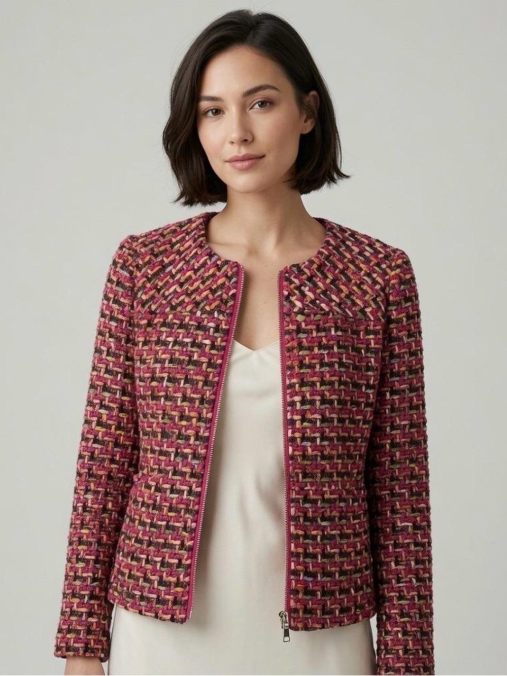 Chico's Multi-Color Tweed Zip Jacket Sz 12/14 EUC Preppy Boho Chic Fall Workwear